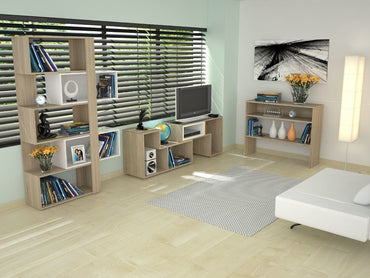 Rack Extensible + Biblioteca Cubo + Arrimo Beijing Color Rovere Para Sala De Estar