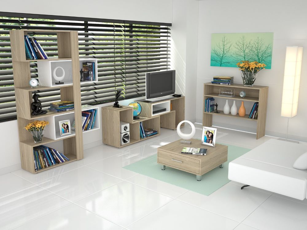 Rack Extensible + Biblioteca Cubo + Arrimo + Mesa de Centro Beijing Color Wengue Para Sala De Estar