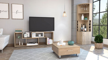Bar Esquinero Kava + Rack Extensible + Mesa de Centro Color Rovere y Blanco Para Sala De Estar