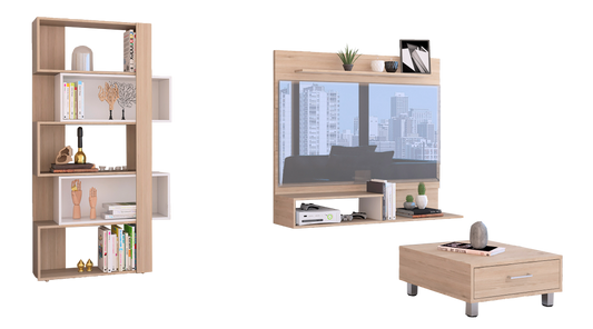 Panel TV + Biblioteca Cubo + Mesa de Centro Color Rovere Para Sala De Estar