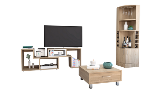 Bar Esquinero Kava + Rack Extensible + Mesa de Centro Color Rovere y Blanco Para Sala De Estar