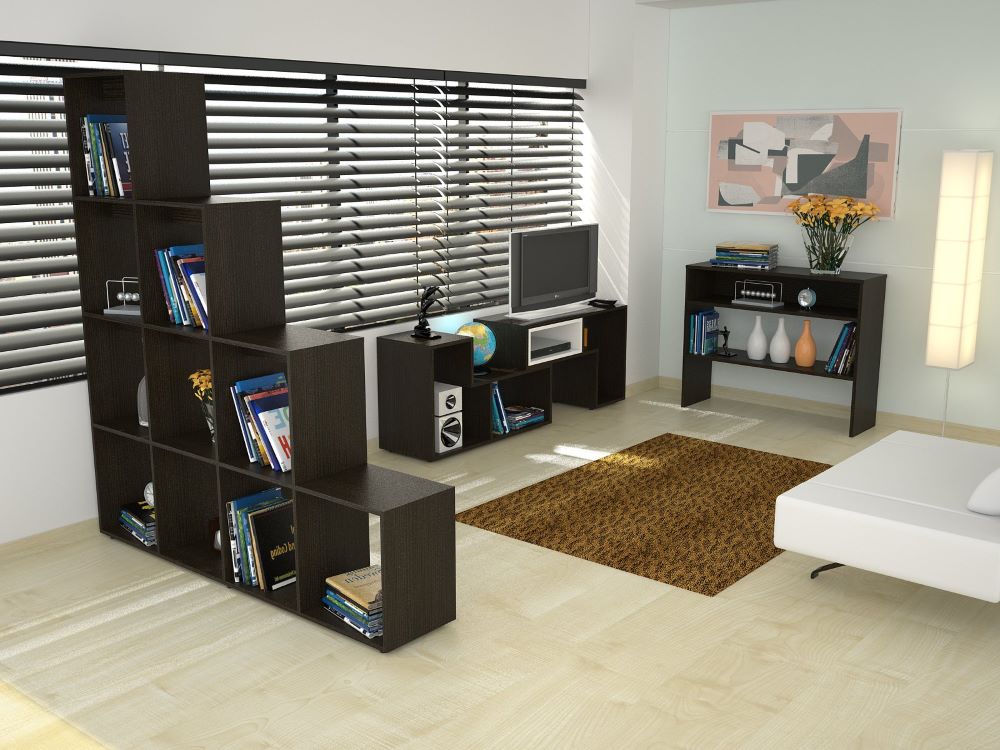 Rack Extensible + Biblioteca Escalera + Arrimo Beijing Color Wengue Para Sala De Estar