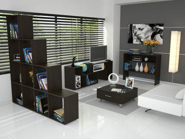 Rack Extensible + Biblioteca Escalera + Arrimo + Mesa de Centro Beijing Color Wengue Para Sala De Estar