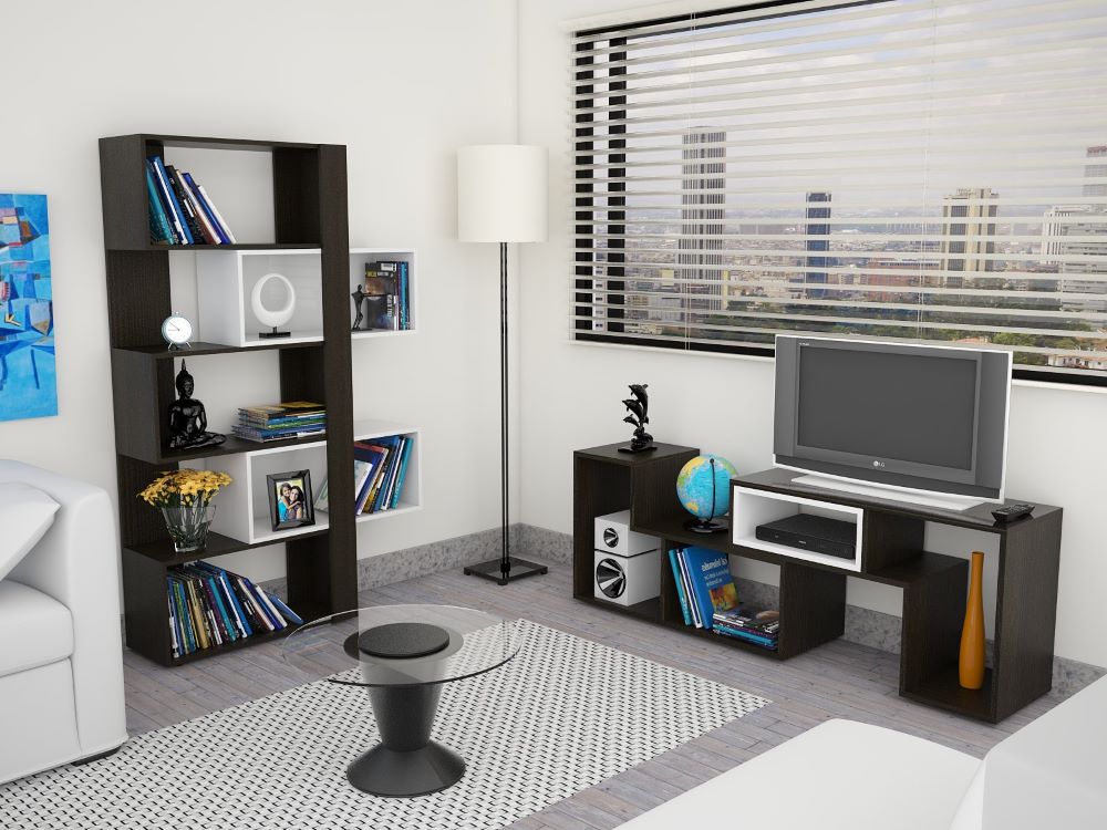 Rack Extensible + Biblioteca Cubo Beijing Color Wengue y Blanco Para Sala De Estar