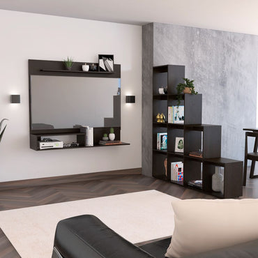 Panel TV + Biblioteca Escalera Beijing Color Wengue Para Sala De Estar