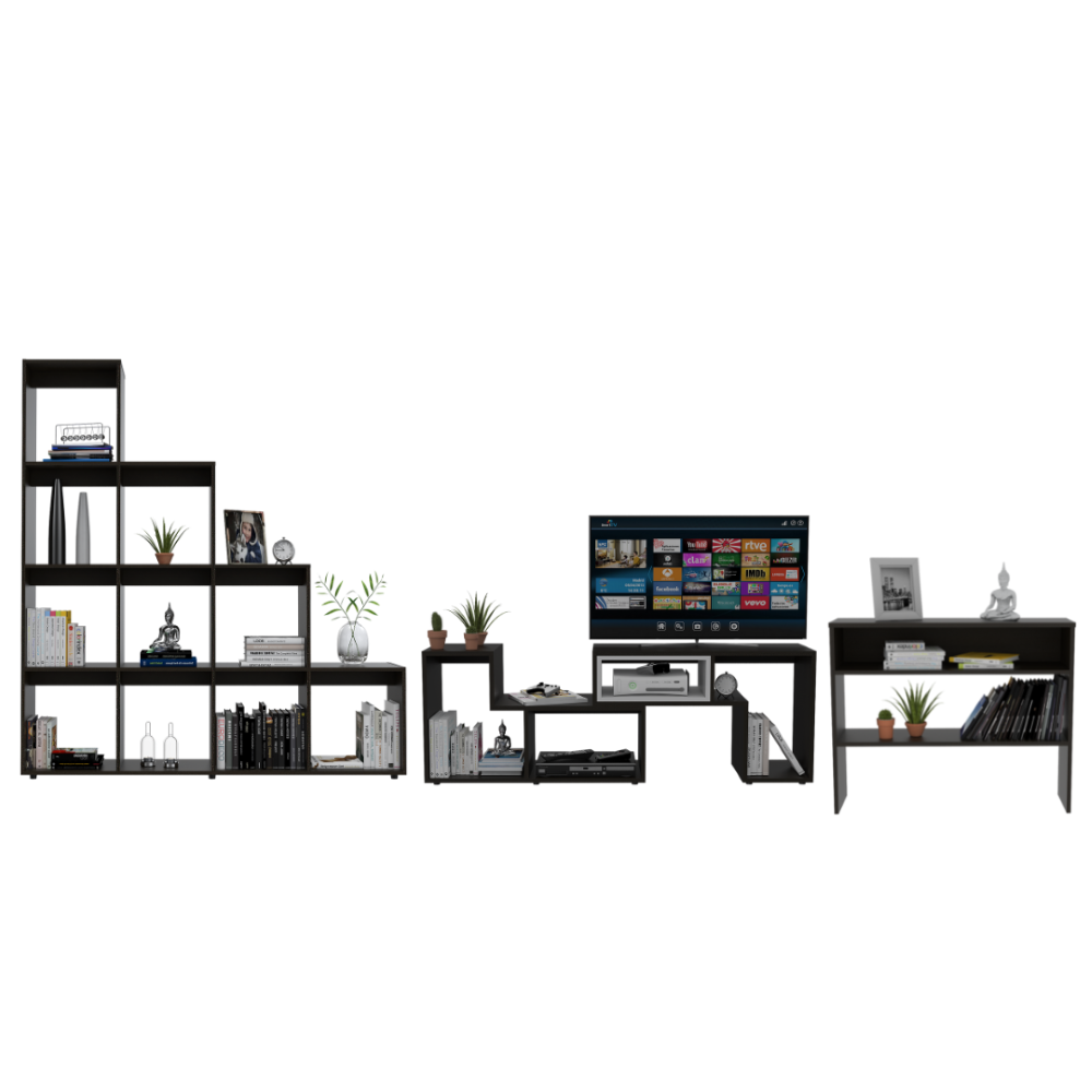 Rack Extensible + Biblioteca Escalera + Arrimo Beijing Color Wengue Para Sala De Estar