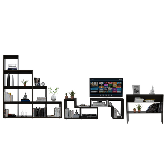 Rack Extensible + Biblioteca Escalera + Arrimo Beijing Color Wengue Para Sala De Estar