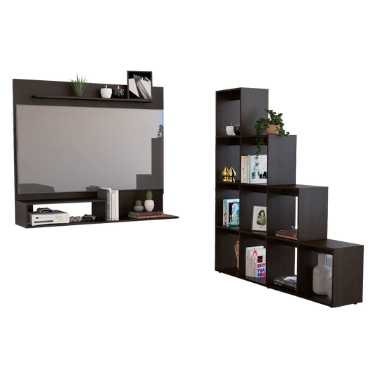 Panel TV + Biblioteca Escalera Beijing Color Wengue Para Sala De Estar