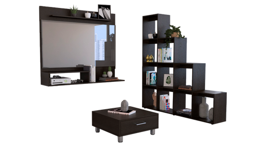 Panel TV + Biblioteca Escalera+ Mesa de Centro Color Wengue Para Sala De Estar