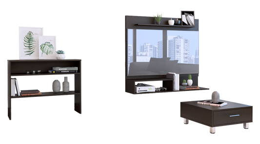 Panel TV + Arrimo + Mesa de Centro Color Wengue Para Sala De Estar
