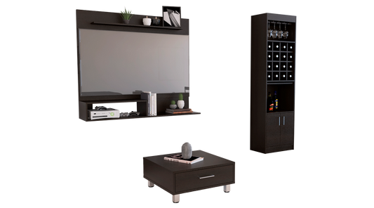 Panel TV + Bar Kava + Mesa de Centro Color Wengue Para Sala De Estar