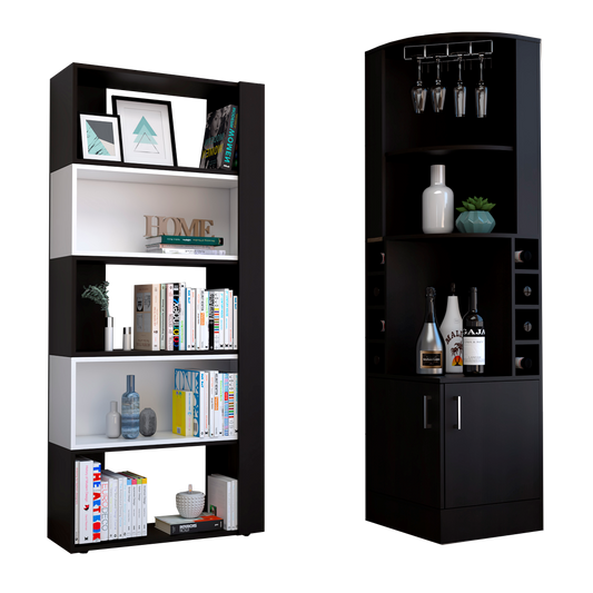 Bar Esquinero Kava + Biblioteca Cubo Color Wengue Para Sala De Estar