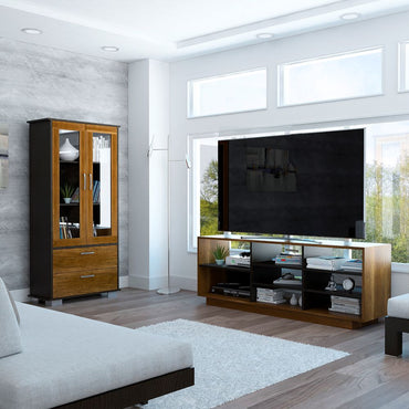 Rack TV + Vitrina Color Caramelo y Wengue Para Sala De Estar