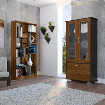 Biblioteca + Vitrina Color Caramelo y Wengue Para Sala De Estar