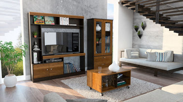 Estante TV + Vitrina + Mesa de Centro Color Caramelo y Wengue Para Sala De Estar