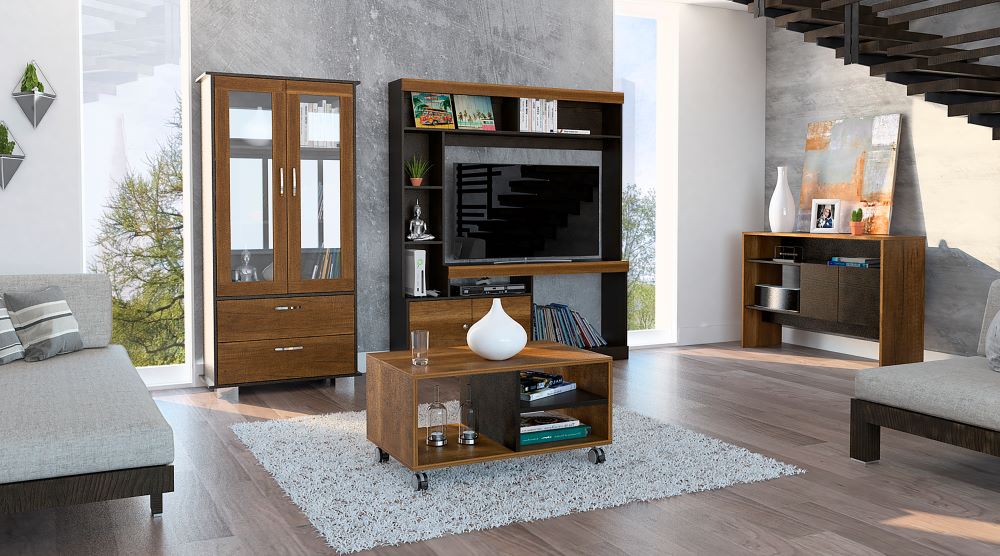 Estante TV + Vitrina + Arrimo+ Mesa de Centro Color Caramelo y Wengue Para Sala De Estar