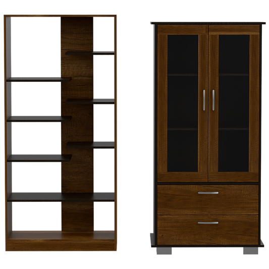 Biblioteca + Vitrina Color Caramelo y Wengue Para Sala De Estar
