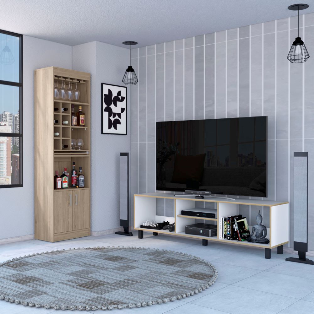 Rack TV + Bar Color Nomik Blanco y Rovere Para Sala De Estar