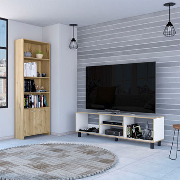 Rack TV + Biblioteca Lisa Color Nomik Blanco y Duna Para Sala De Estar