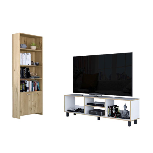 Rack TV + Biblioteca Lisa Color Nomik Blanco y Duna Para Sala De Estar