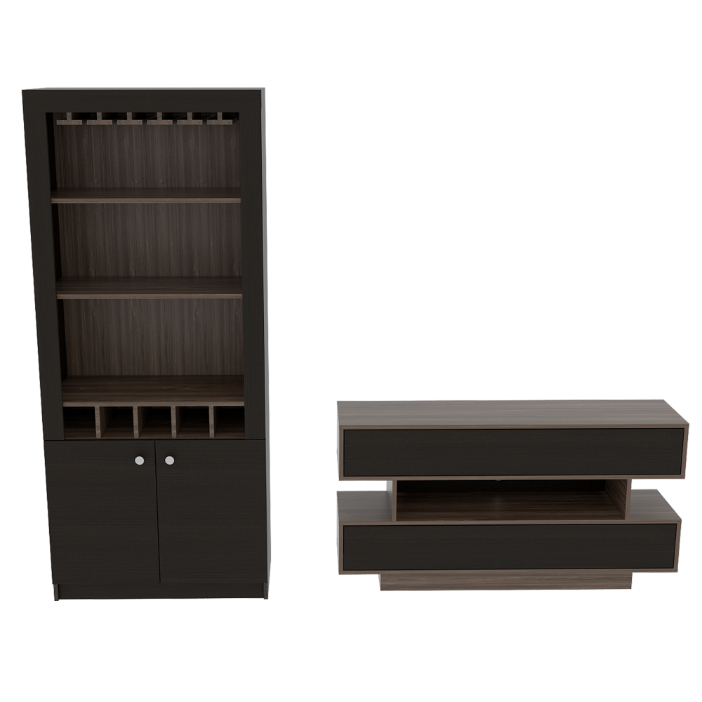 Rack TV + Bar Color Siena Caramelo y Wengue Para Sala De Estar
