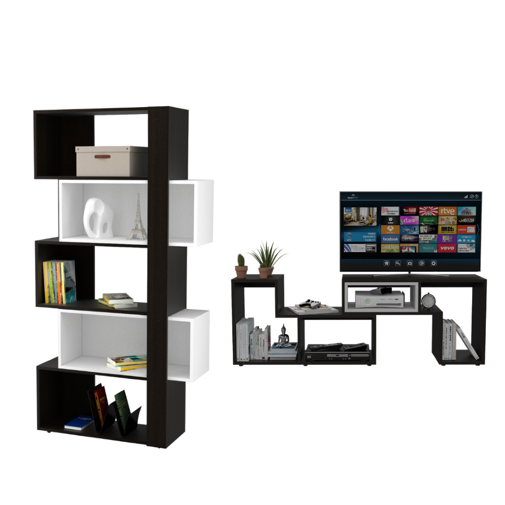 Rack Extensible + Biblioteca Cubo Beijing Color Wengue y Blanco Para Sala De Estar