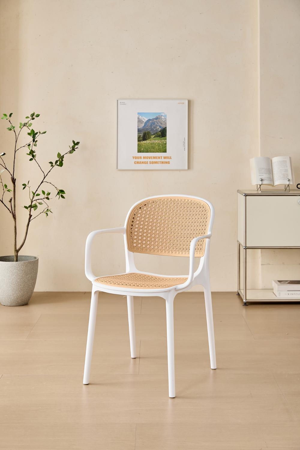Silla con Brazos Nest, Color Blanco y Beige, con Espaldar y Asiento en Rejilla