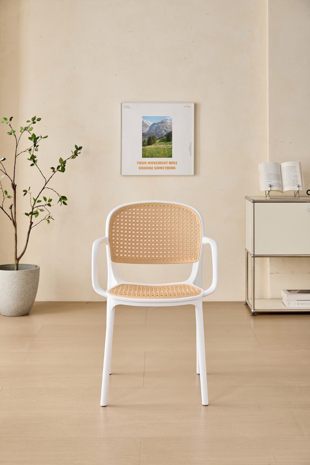 Silla con Brazos Nest, Color Blanco y Beige, con Espaldar y Asiento en Rejilla