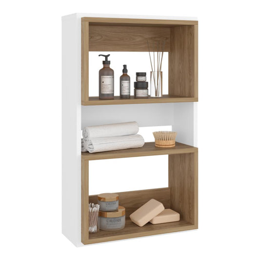 Mueble Auxiliar Muro Baño Eco, Blanco Duqueza y Fresno Europeo, con superficies para ubicar objetos