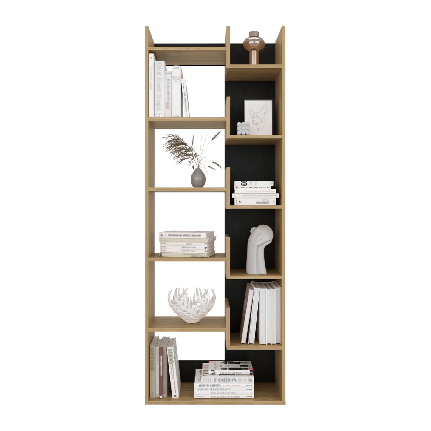 Biblioteca Clover, Fresno Europeo y Wengue, con espacios para guardar y poner objetos