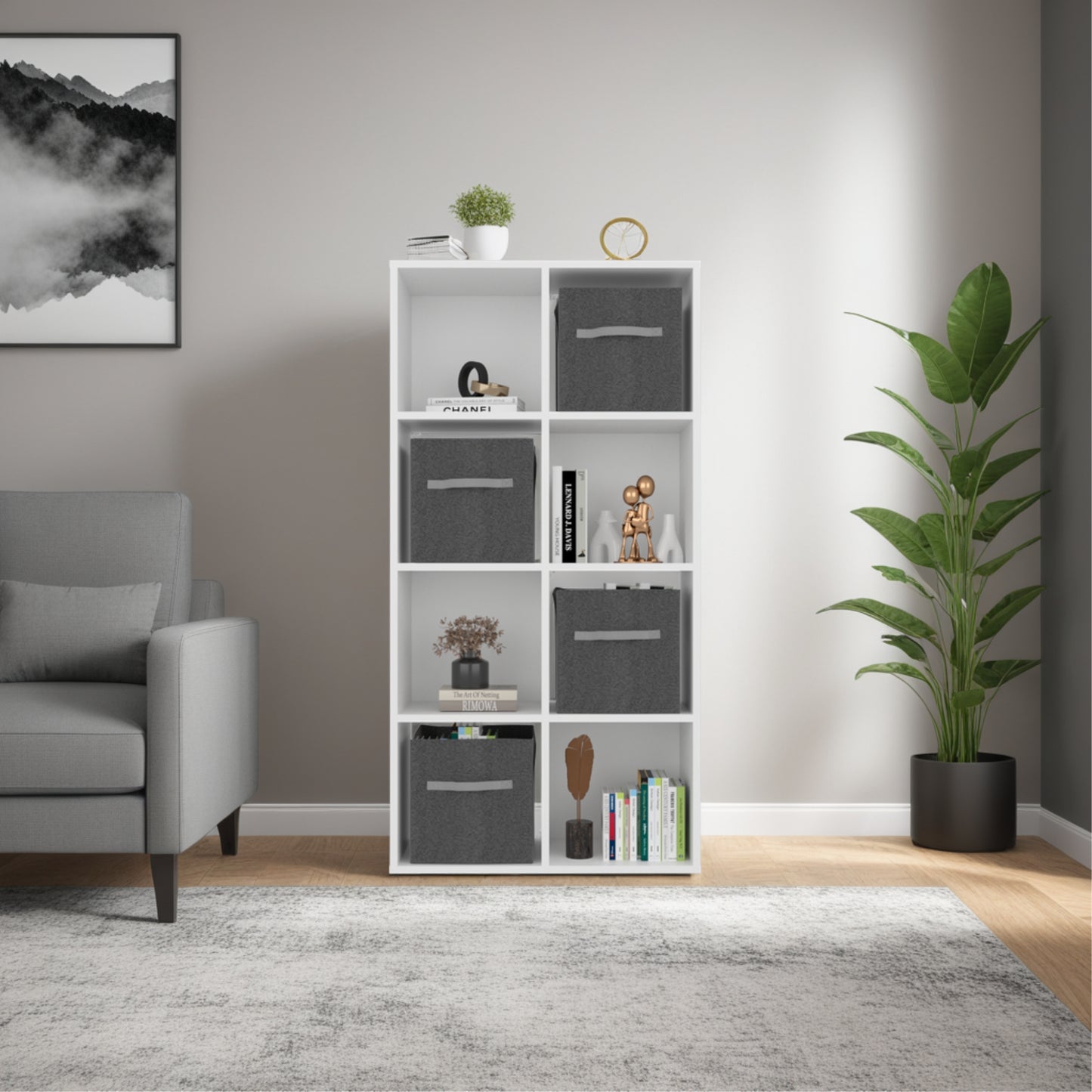 Biblioteca Organizadora Cubik Con Cuatro Cubos En Tela, Gris y Blanco