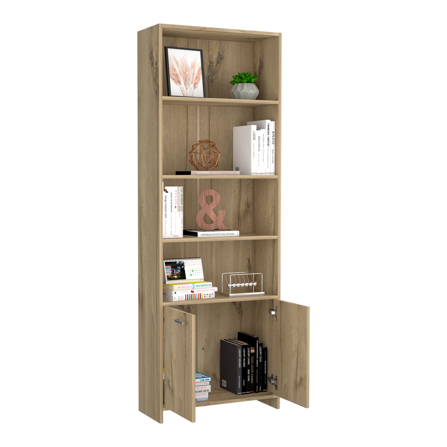 Biblioteca Con Dos Puertas Y  Cinco Repisas, FM Furniture, Cafe Claro