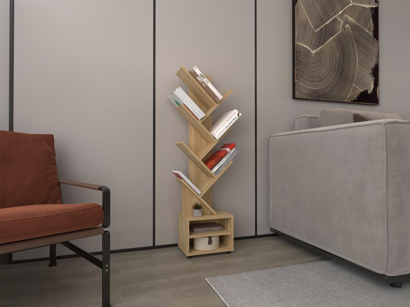 Librero Kingstree, Fresno Europeo, con multiples espacios para ubicar objetos decorativos