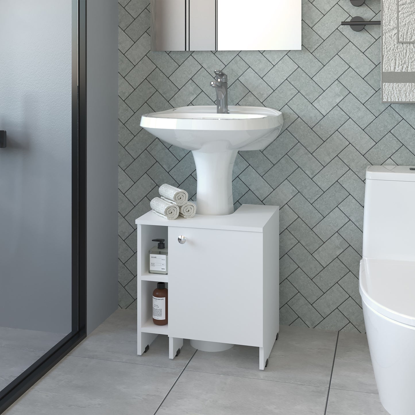 Mueble Baño Piso Lavamanos Una Puerta , FM Furniture, Blanco