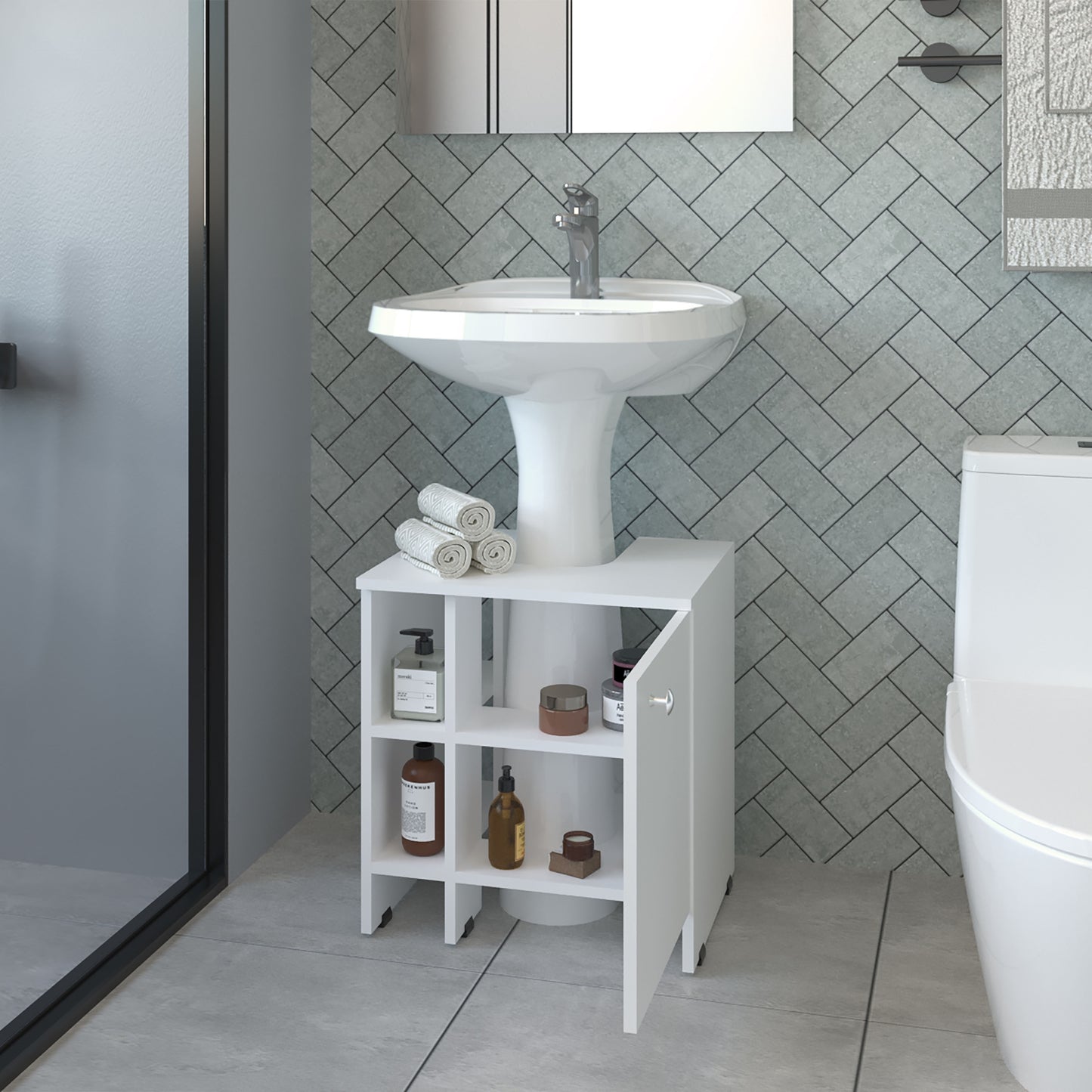 Mueble Baño Piso Lavamanos Una Puerta , FM Furniture, Blanco