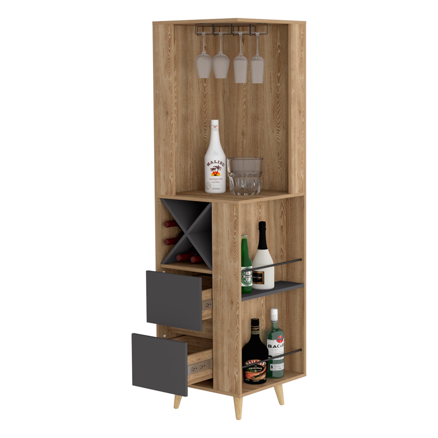 Bar Esquinero Dos Cajones Y Espacio Para Botellas, FM Furniture 004C, Cafe Claro