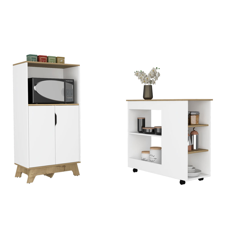 Combo Bicolor, Blanco y Duna, incluye mueble de microondas bajo y meson de cocina con ruedas
