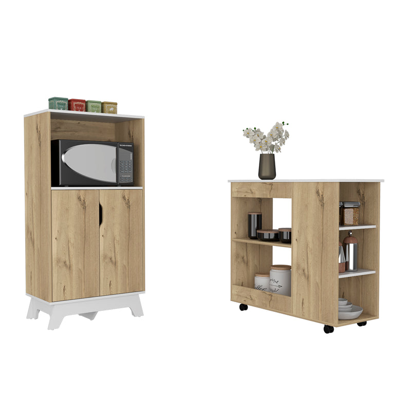Combo Bicolor, Duna y Blanco, incluye mueble de microondas bajo y meson de cocina con ruedas