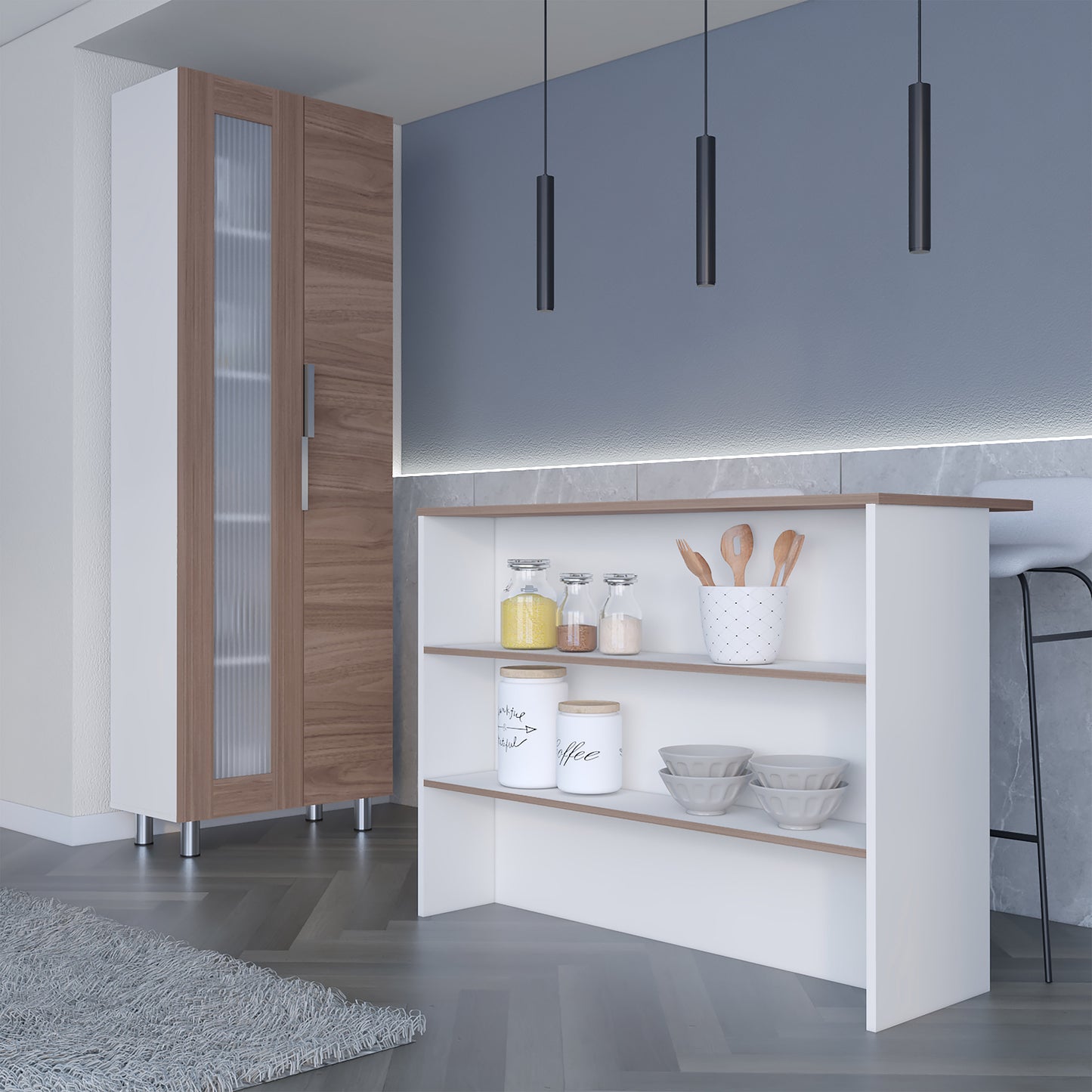 Combo Fendi, Blanco Marquez y Castaño, incluye mueble alacena y barra auxiliar de cocina