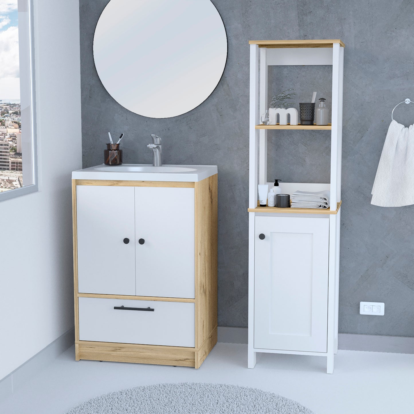 Combo Bicolor, Duna y Blanco, incluye mueble lavamanos y optimizador