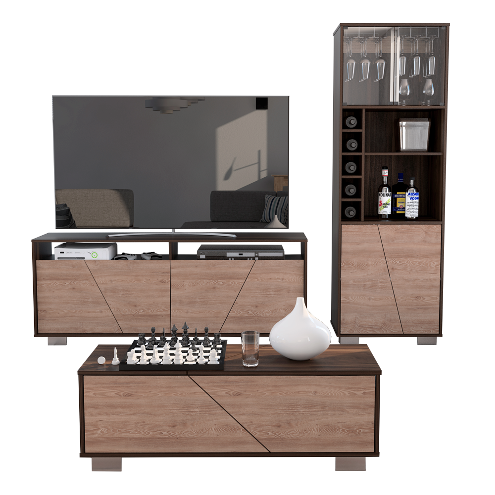 Combo Fraktal, Habano y Miel, incluye rack TV, bar alto y mesa centro