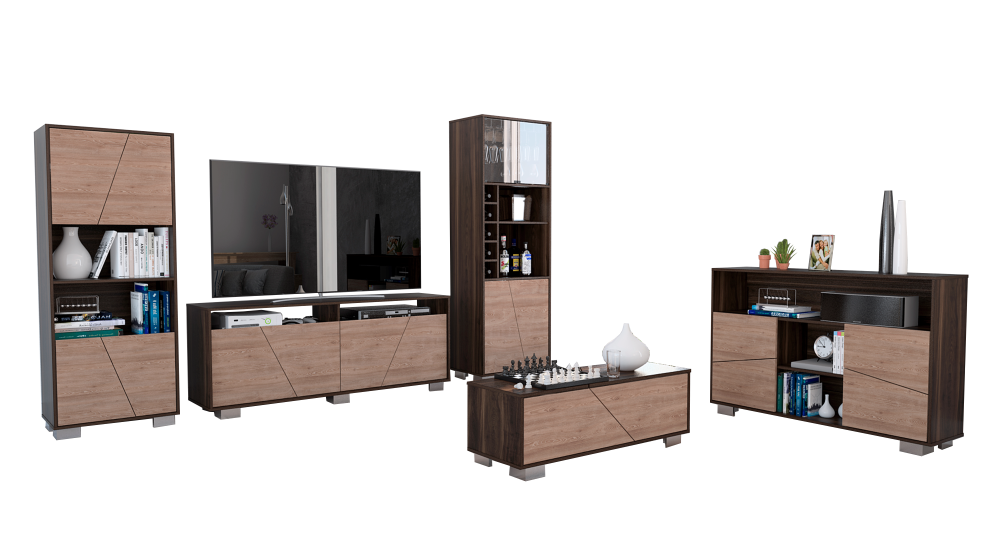 Combo Fraktal, Habano y Miel, incluye rack TV, biblioteca, bar alto, arrimo y mesa centro