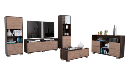 Combo Fraktal, Habano y Miel, incluye rack TV, biblioteca, bar alto, arrimo y mesa centro