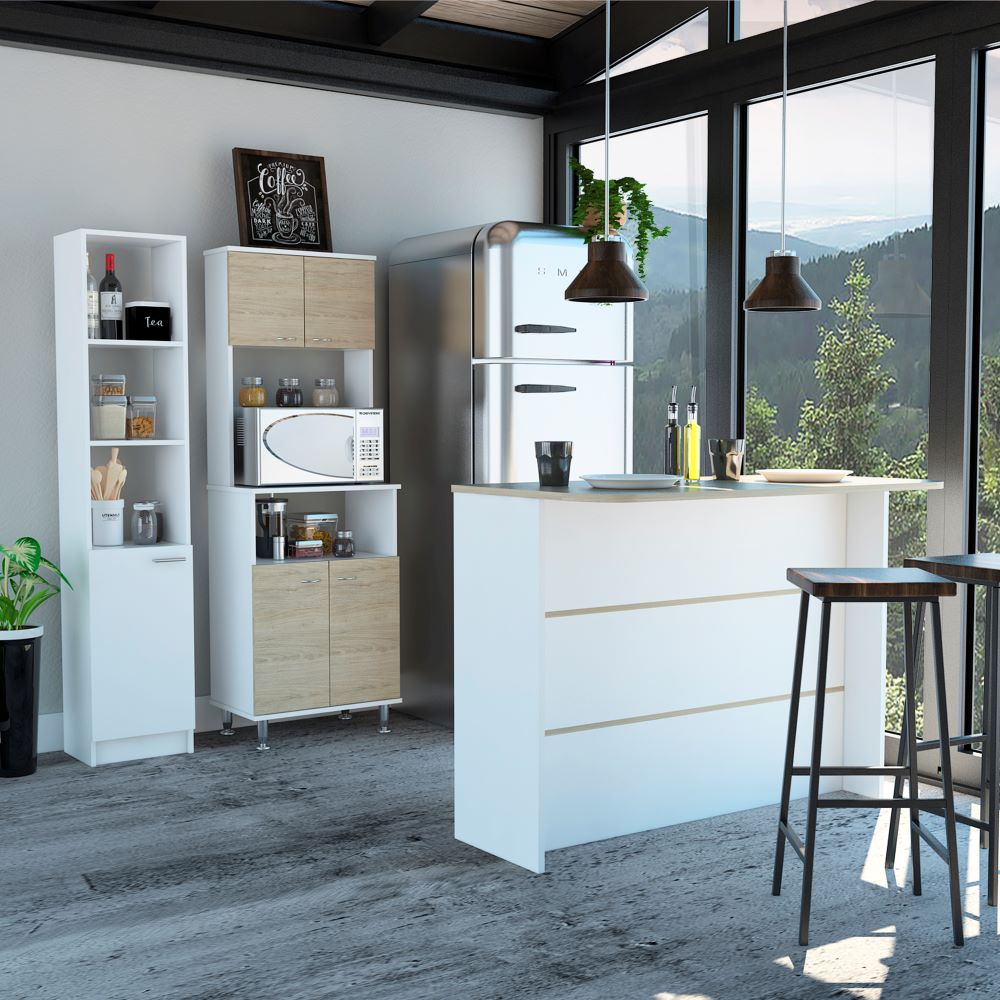 Combo Kitchen, Blanco y Rovere, incluye mueble microondas 54, barra y optimizador
