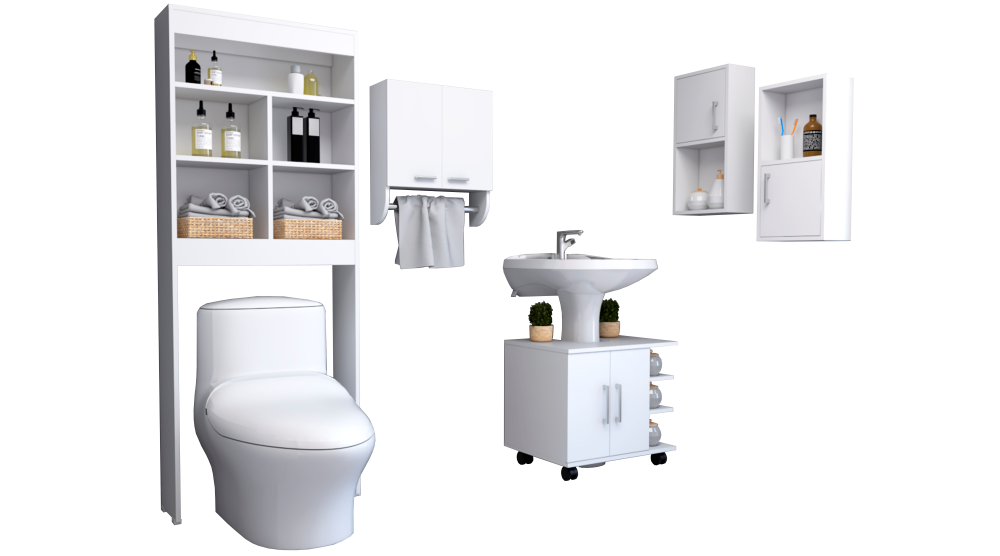 Combo Bicolor, Blanco, incluye botiquin bath 28, optimizador, mueble lavamanos y auxiliar