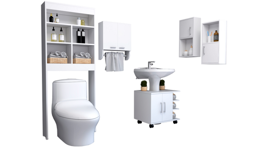 Combo Bicolor, Blanco, incluye botiquin bath 28, optimizador, mueble lavamanos y auxiliar