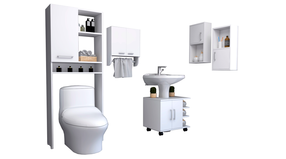 Combo Bicolor, Blanco, incluye botiquin bath 28, optimizador, mueble lavamanos y auxiliar