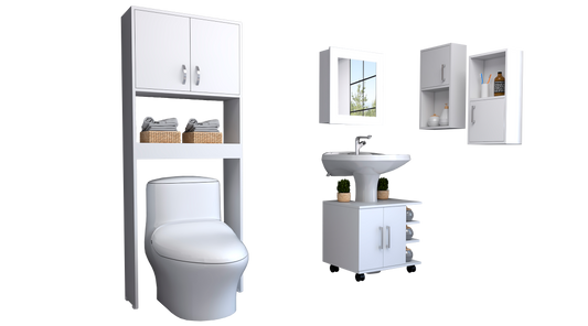 Combo Bicolor, Blanco, incluye botiquin bath 47-b, optimizador, mueble lavamanos y auxiliares
