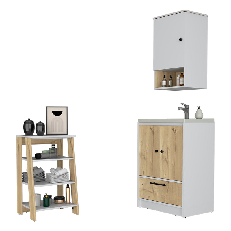 Combo Bicolor, Blanco y Duna, incluye mueble lavamanos, optimizador bajo y mueble botiquin