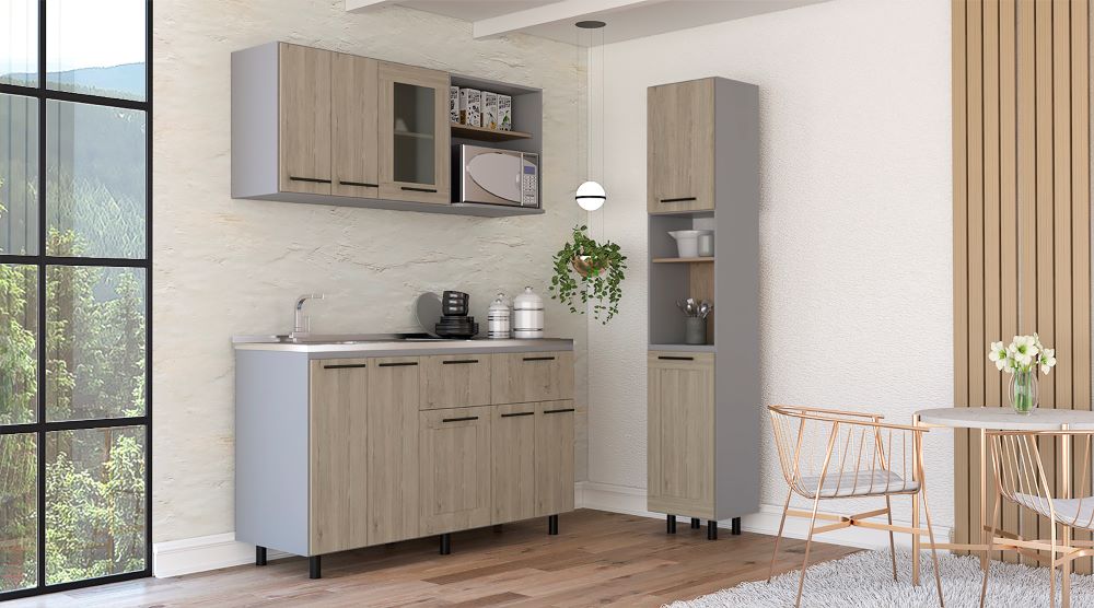 Combo Kitchen Hasselt, Rovere y Niebla, incluye alacena, módulo inferior con lavaplatos y módulo superior 150